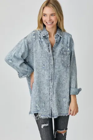 Acid Light Distressed Raw Hem Denim Shirt