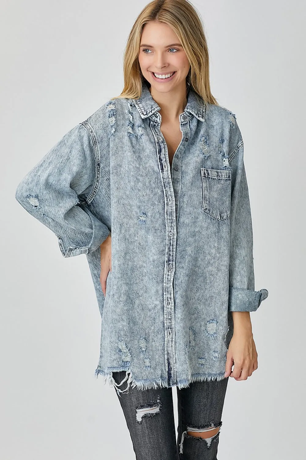 Acid Light Distressed Raw Hem Denim Shirt