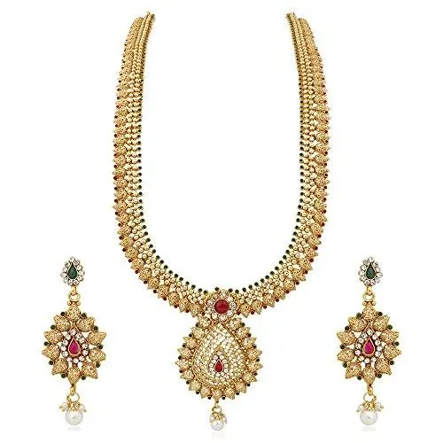Apara Bridal Copper Long Rani Haram Haar Necklace Set with Pearl drop and Austrian Diamond for Women