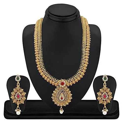 Apara Bridal Copper Long Rani Haram Haar Necklace Set with Pearl drop and Austrian Diamond for Women