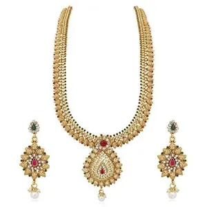 Apara Bridal Copper Long Rani Haram Haar Necklace Set with Pearl drop and Austrian Diamond for Women
