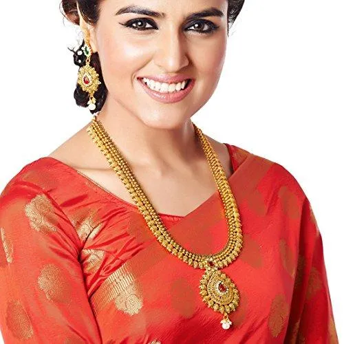 Apara Bridal Copper Long Rani Haram Haar Necklace Set with Pearl drop and Austrian Diamond for Women