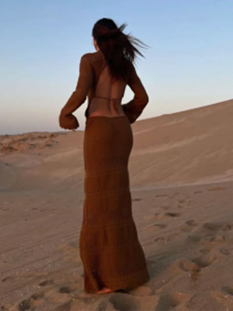 Backless Bandage Flare Sleeve Knitted Long Dress Women Loose O Neck Knitting Dressses  Female Hollow Out Casual Robes