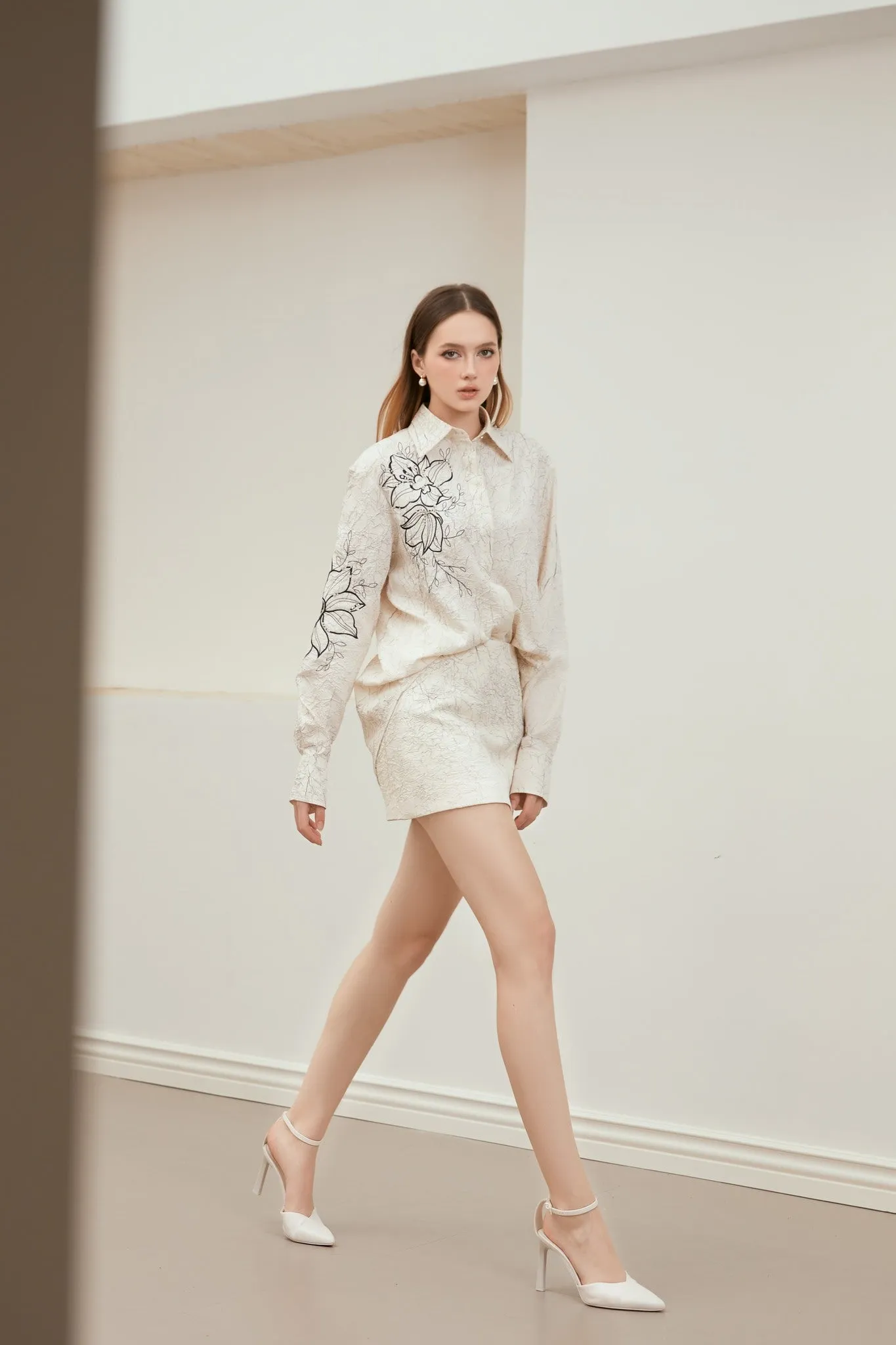 Bali Set - Straight Collared Neck Foam Shirt & A-line High Waist Foam Mini Skirt