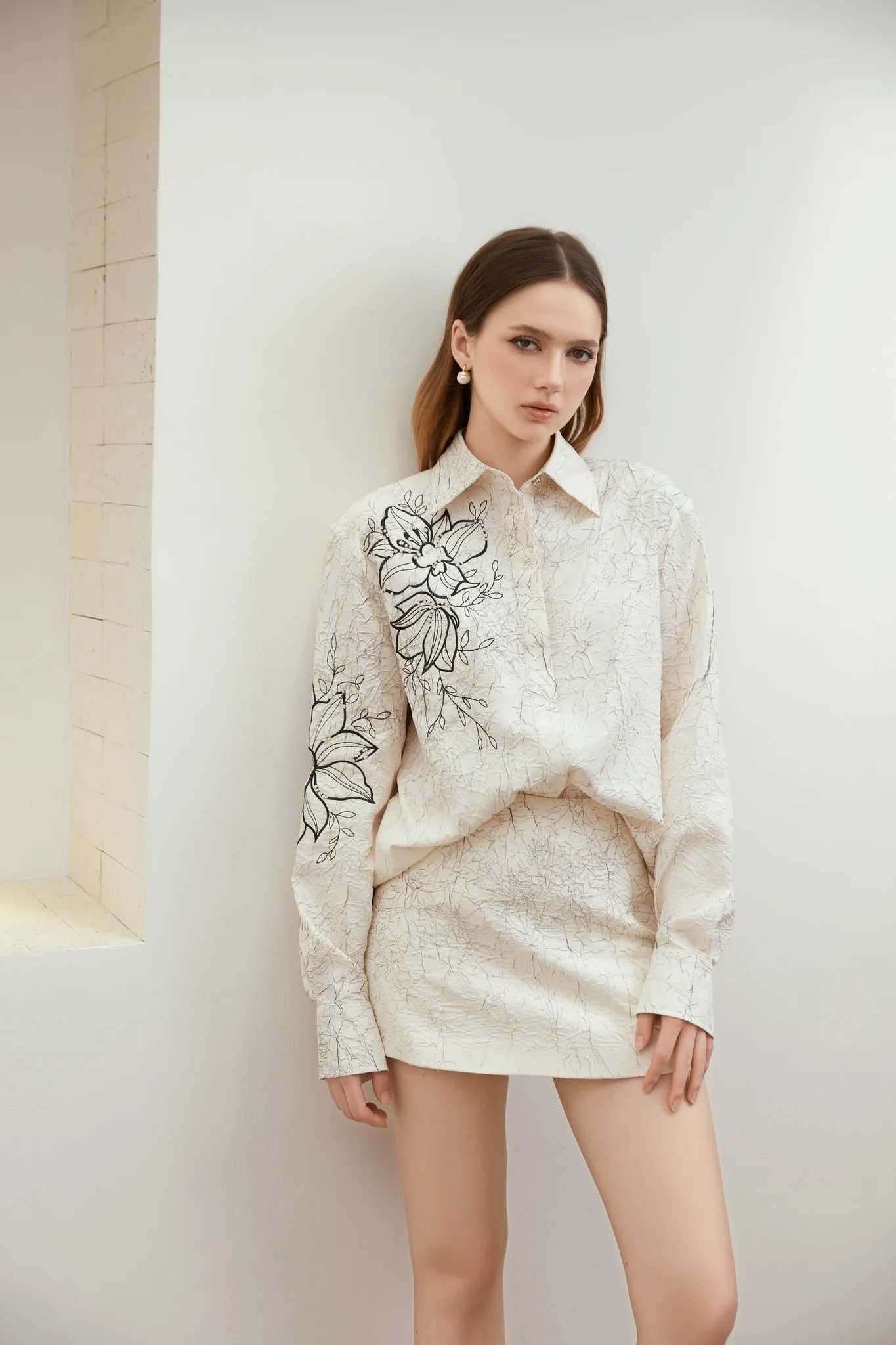 Bali Set - Straight Collared Neck Foam Shirt & A-line High Waist Foam Mini Skirt