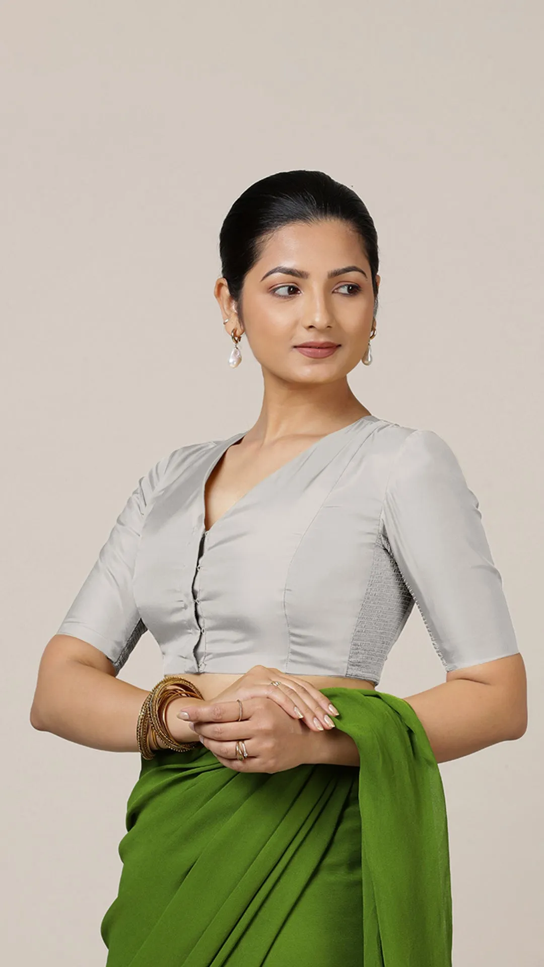 Begum x Rozaana | Elbow Sleeves Saree Blouse in Silver