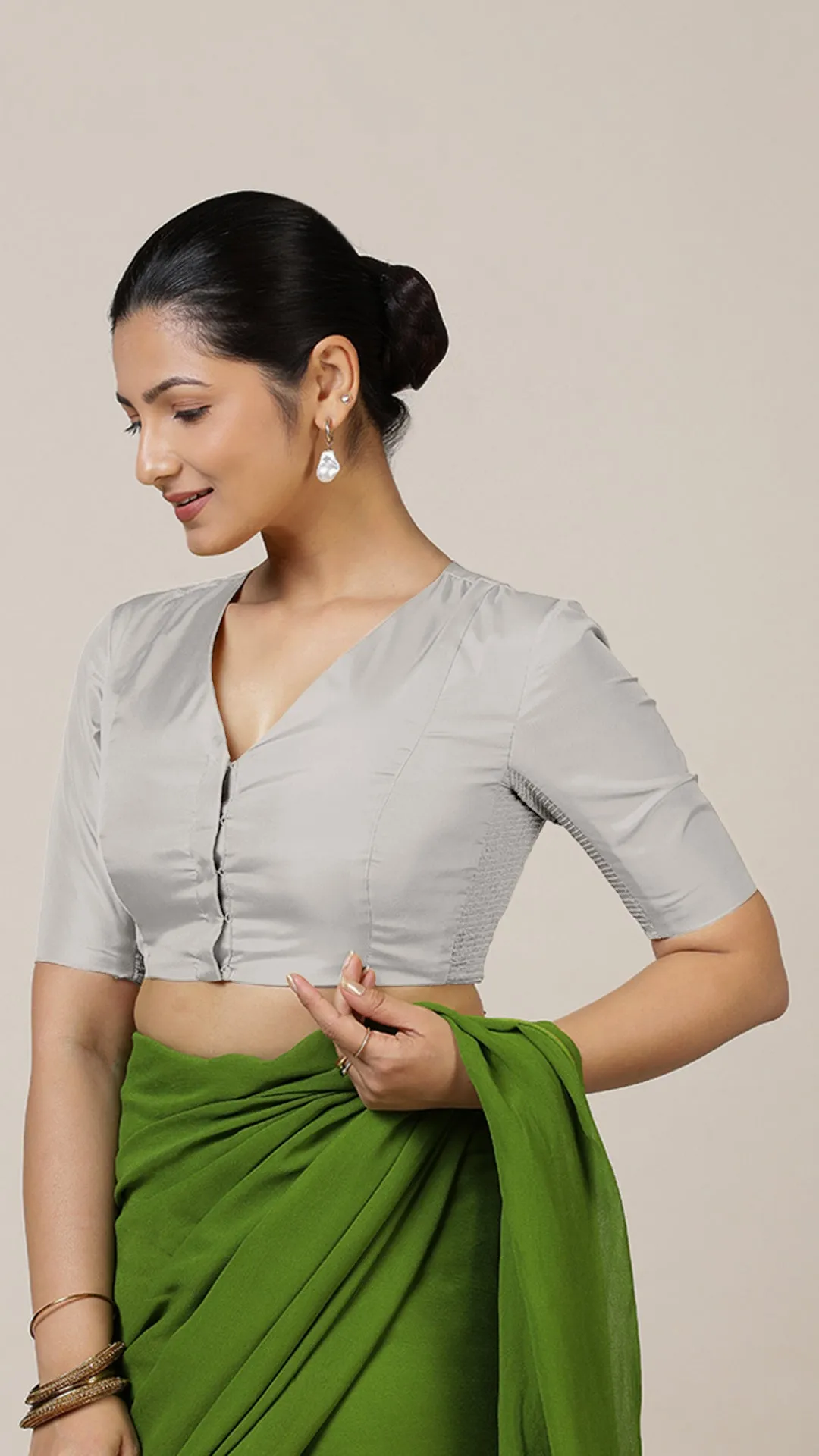 Begum x Rozaana | Elbow Sleeves Saree Blouse in Silver