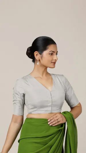 Begum x Rozaana | Elbow Sleeves Saree Blouse in Silver