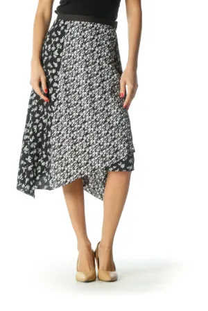 Black and White Floral Print Asymmetrical Skirt