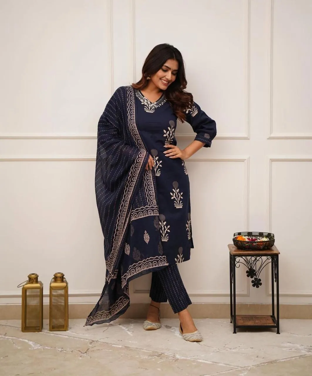 Blue Cotton Discharge Printed Suit Set with Dupatta and Pant