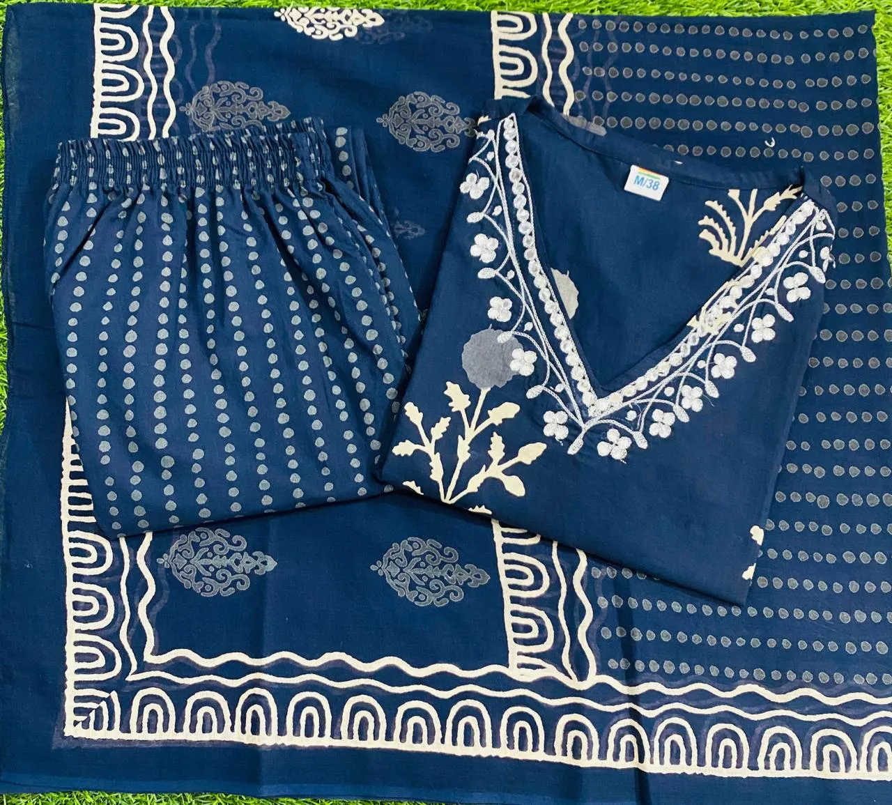 Blue Cotton Discharge Printed Suit Set with Dupatta and Pant