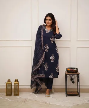 Blue Cotton Discharge Printed Suit Set with Dupatta and Pant