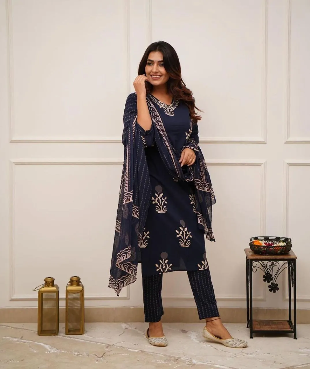 Blue Cotton Discharge Printed Suit Set with Dupatta and Pant