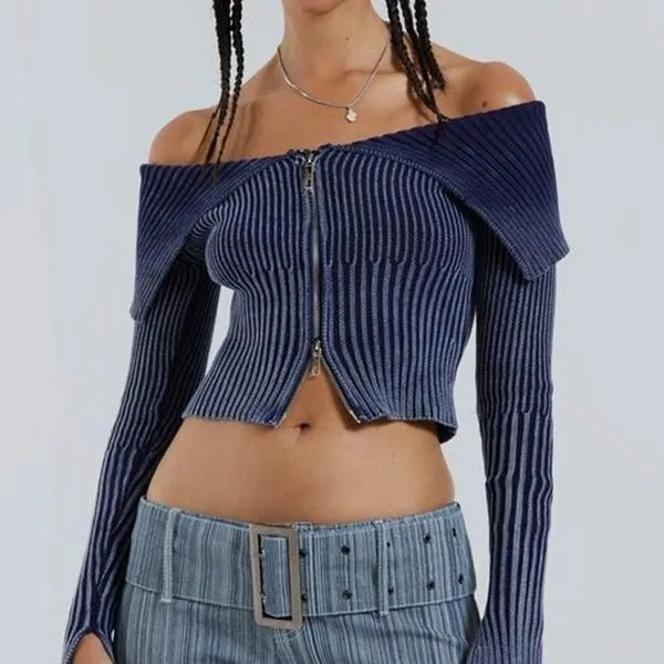 Chic Knitted One-Shoulder Midriff Cardigan