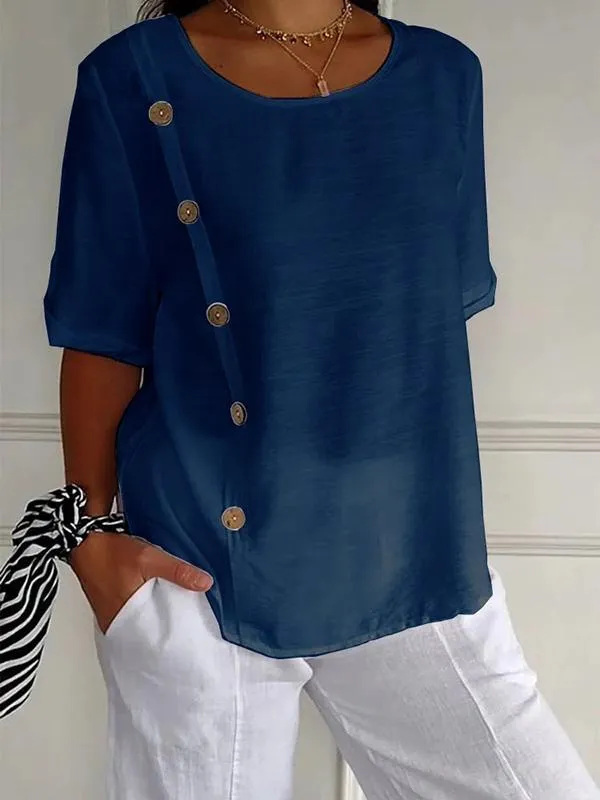 Cotton and Linen Round Neck Elbow Sleeve Button Top