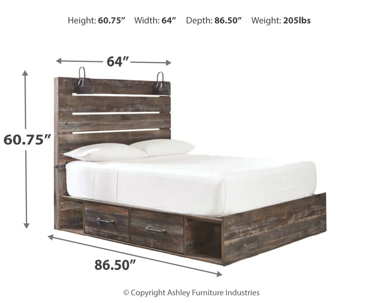 Drystan Queen Panel Bed with 2 Storage Drawers with Mirrored Dresser and Nightstand in Multi