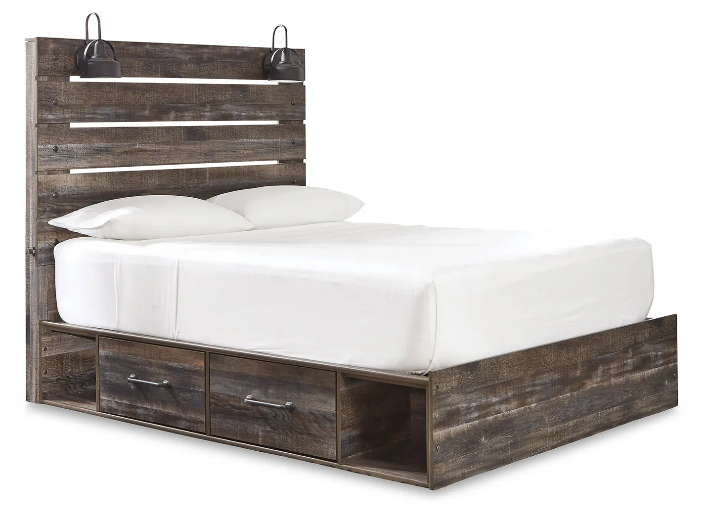 Drystan Queen Panel Bed with 2 Storage Drawers with Mirrored Dresser and Nightstand in Multi