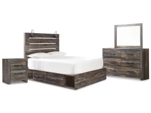 Drystan Queen Panel Bed with 2 Storage Drawers with Mirrored Dresser and Nightstand in Multi