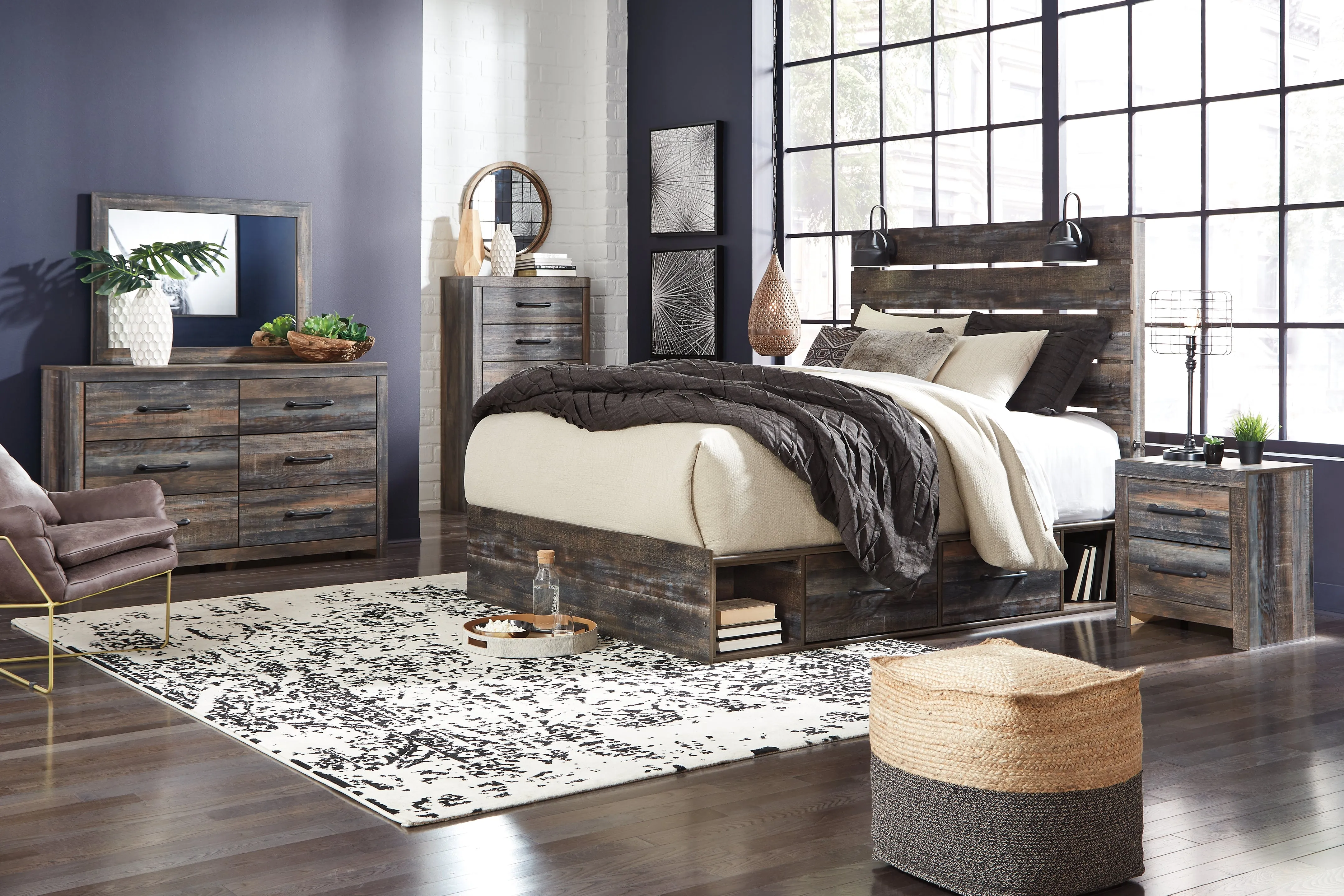 Drystan Queen Panel Bed with 2 Storage Drawers with Mirrored Dresser and Nightstand in Multi