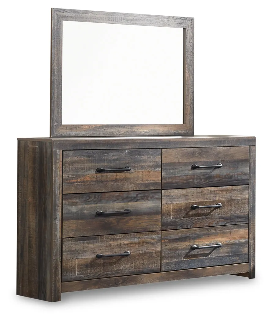 Drystan Queen Panel Bed with 2 Storage Drawers with Mirrored Dresser and Nightstand in Multi
