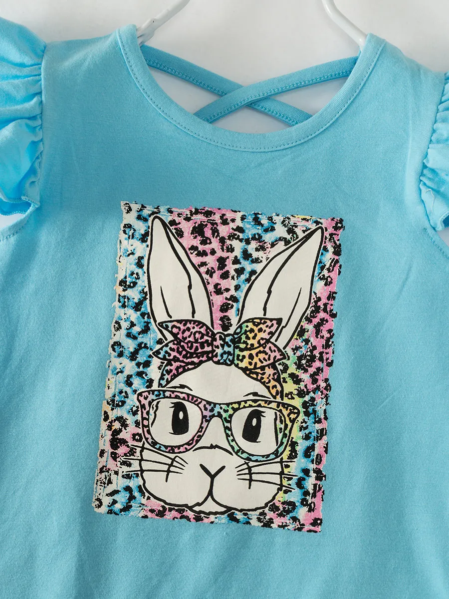 Easter Blue Leopard Rabbit Ruffle Girl Bell Bottom Outfit