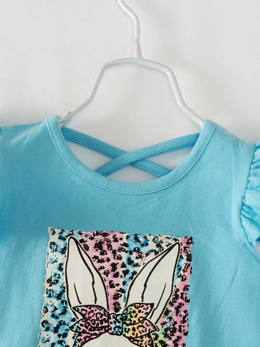 Easter Blue Leopard Rabbit Ruffle Girl Bell Bottom Outfit