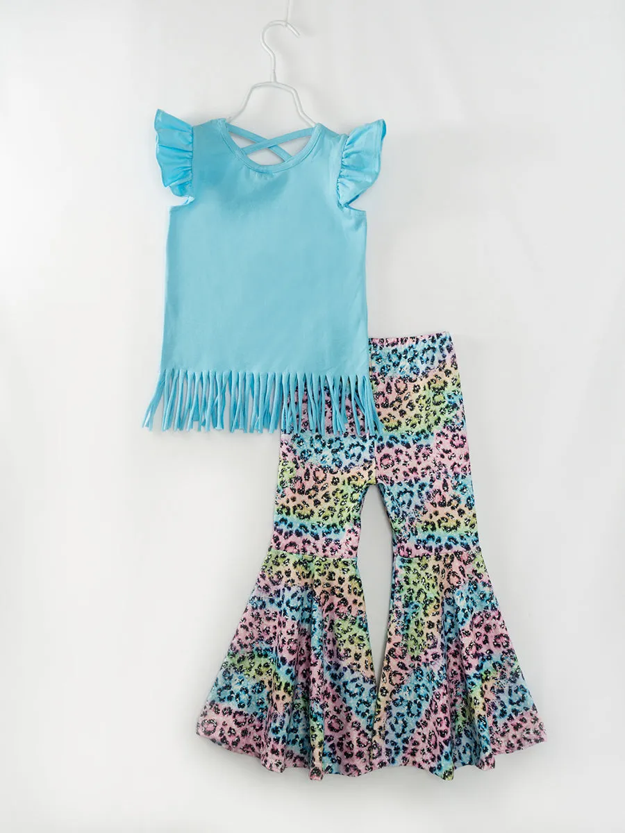 Easter Blue Leopard Rabbit Ruffle Girl Bell Bottom Outfit