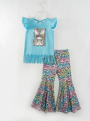 Easter Blue Leopard Rabbit Ruffle Girl Bell Bottom Outfit