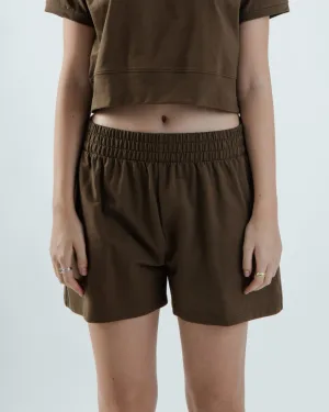 Elastic Waist Cotton Wide Leg Shorts (Dark Brown)