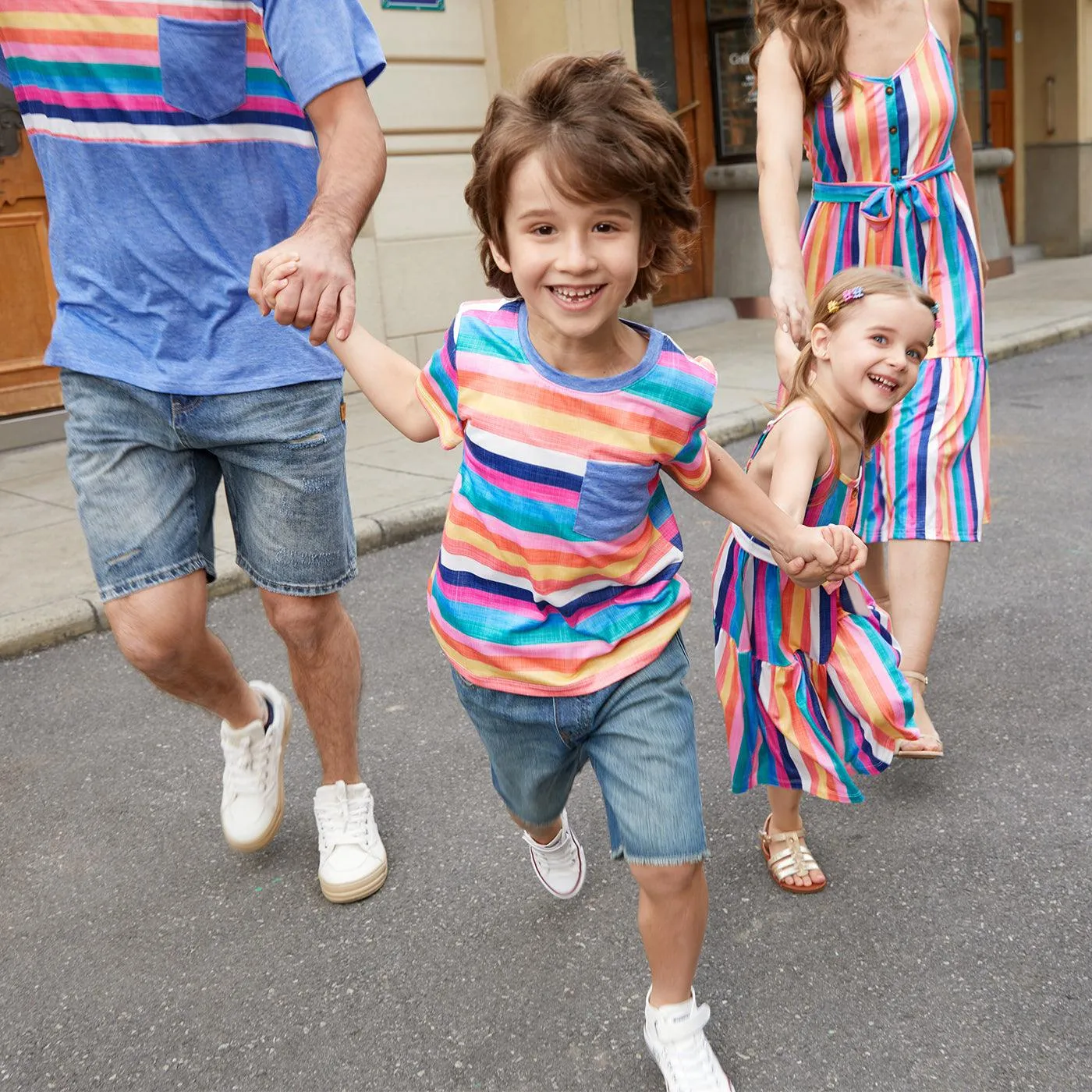 Family Matching Multi-Color Stripe T-shirt and Ruffle Hem Button Strap Dress Sets
