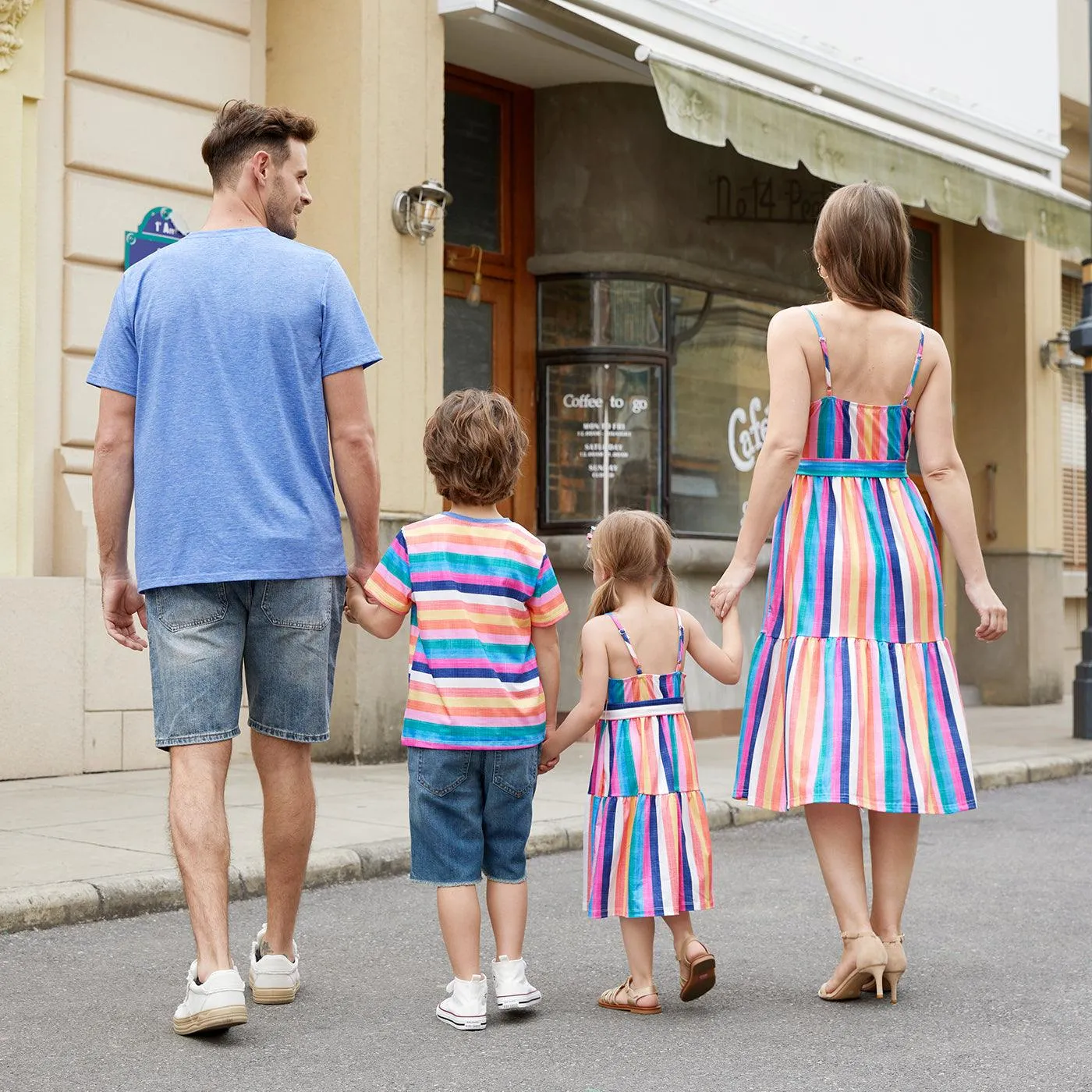 Family Matching Multi-Color Stripe T-shirt and Ruffle Hem Button Strap Dress Sets