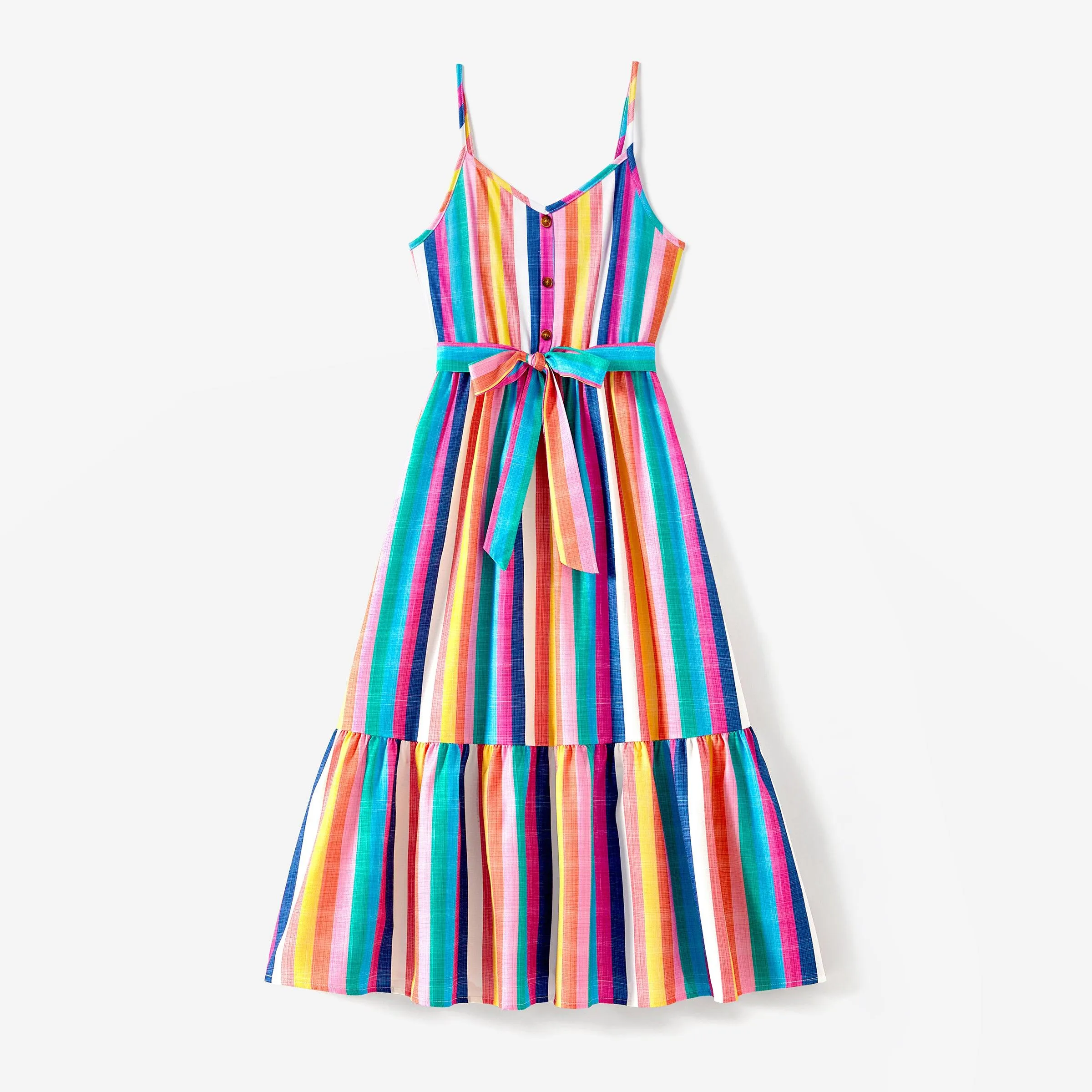 Family Matching Multi-Color Stripe T-shirt and Ruffle Hem Button Strap Dress Sets