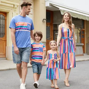 Family Matching Multi-Color Stripe T-shirt and Ruffle Hem Button Strap Dress Sets