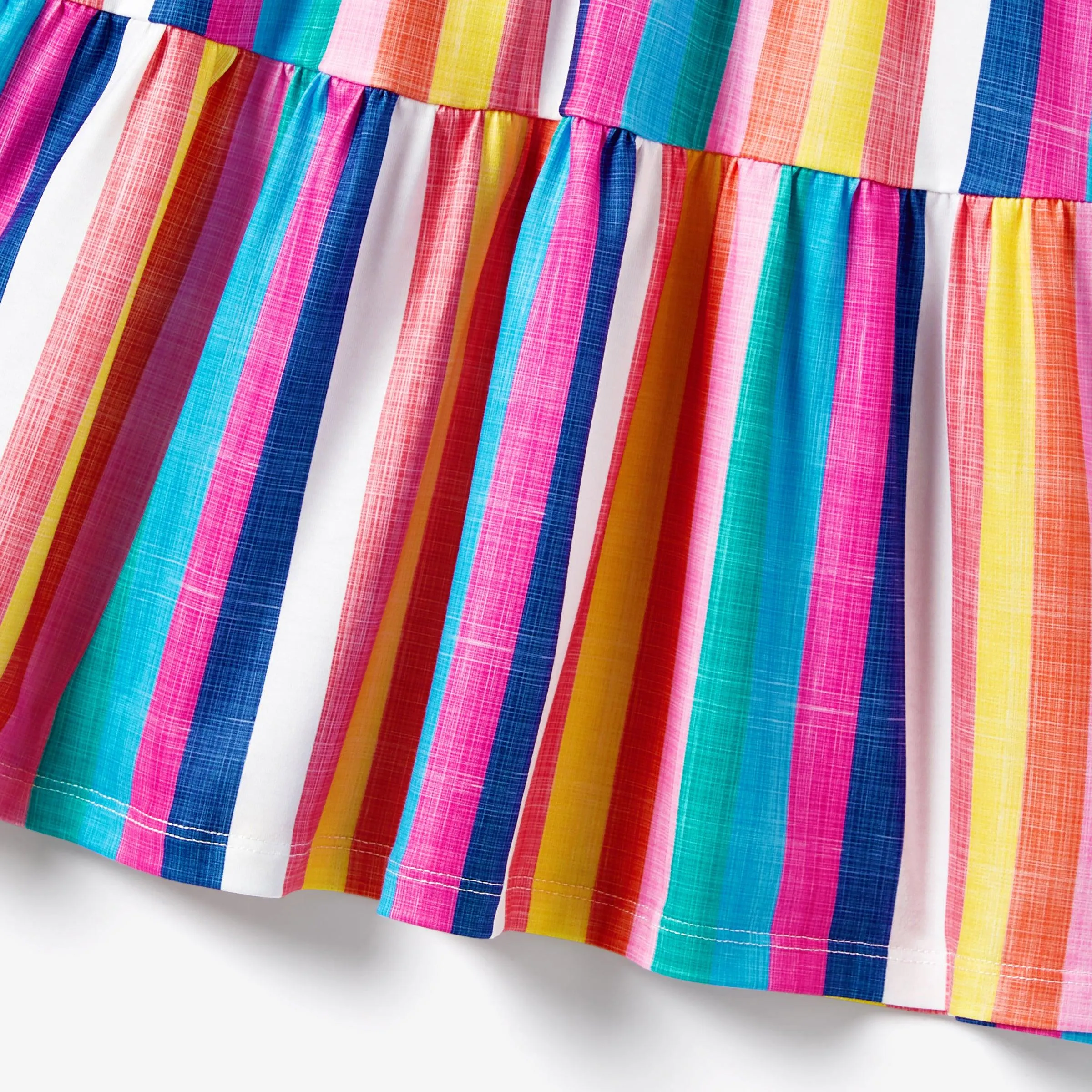 Family Matching Multi-Color Stripe T-shirt and Ruffle Hem Button Strap Dress Sets