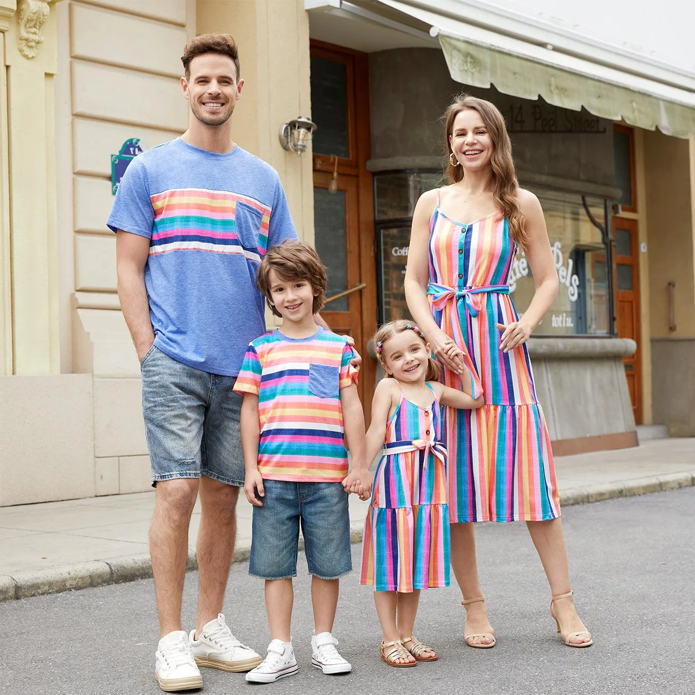 Family Matching Multi-Color Stripe T-shirt and Ruffle Hem Button Strap Dress Sets