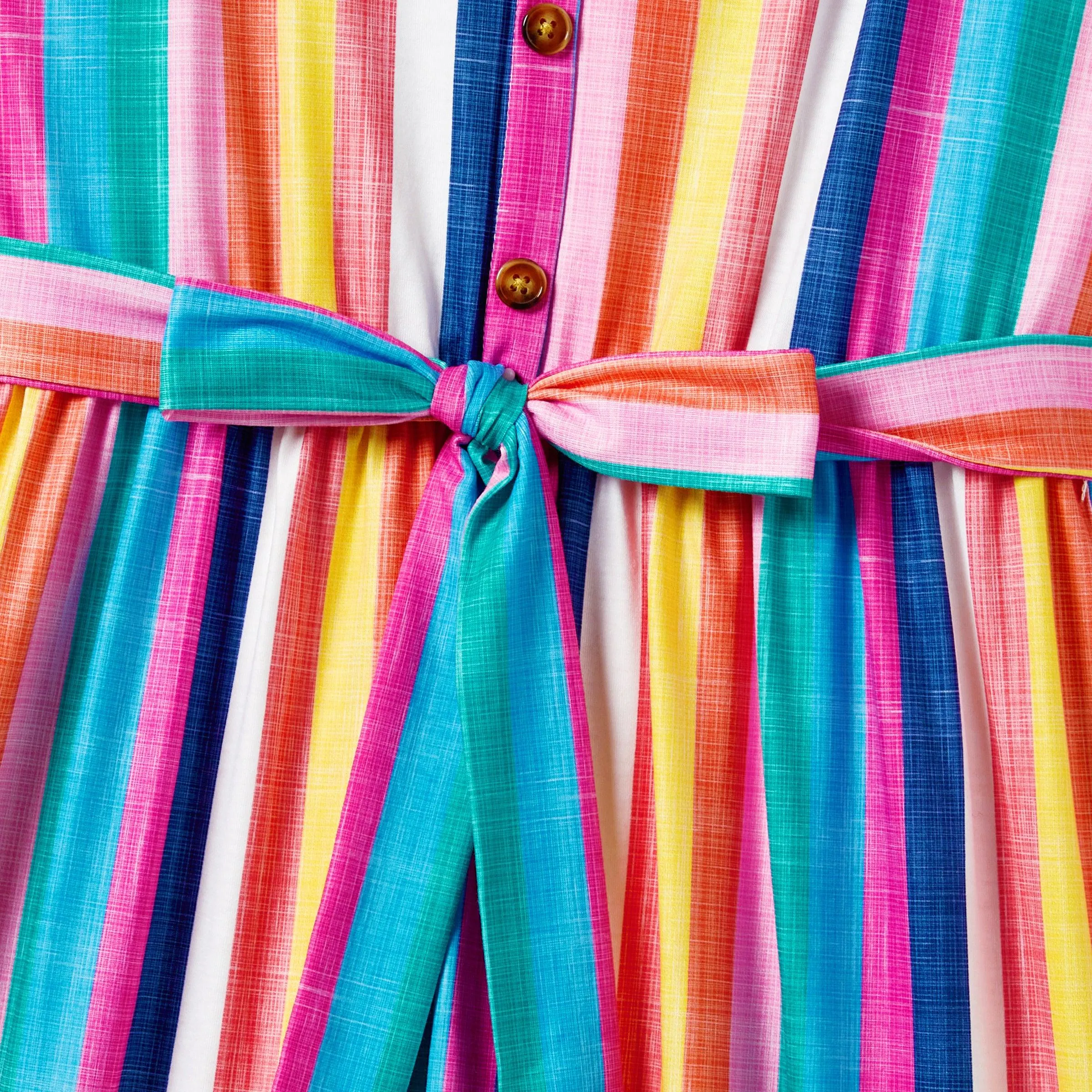 Family Matching Multi-Color Stripe T-shirt and Ruffle Hem Button Strap Dress Sets