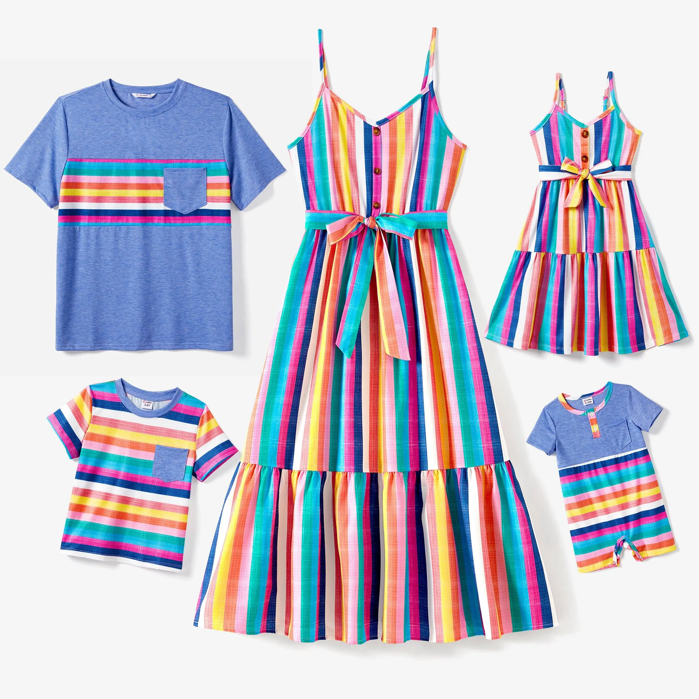 Family Matching Multi-Color Stripe T-shirt and Ruffle Hem Button Strap Dress Sets