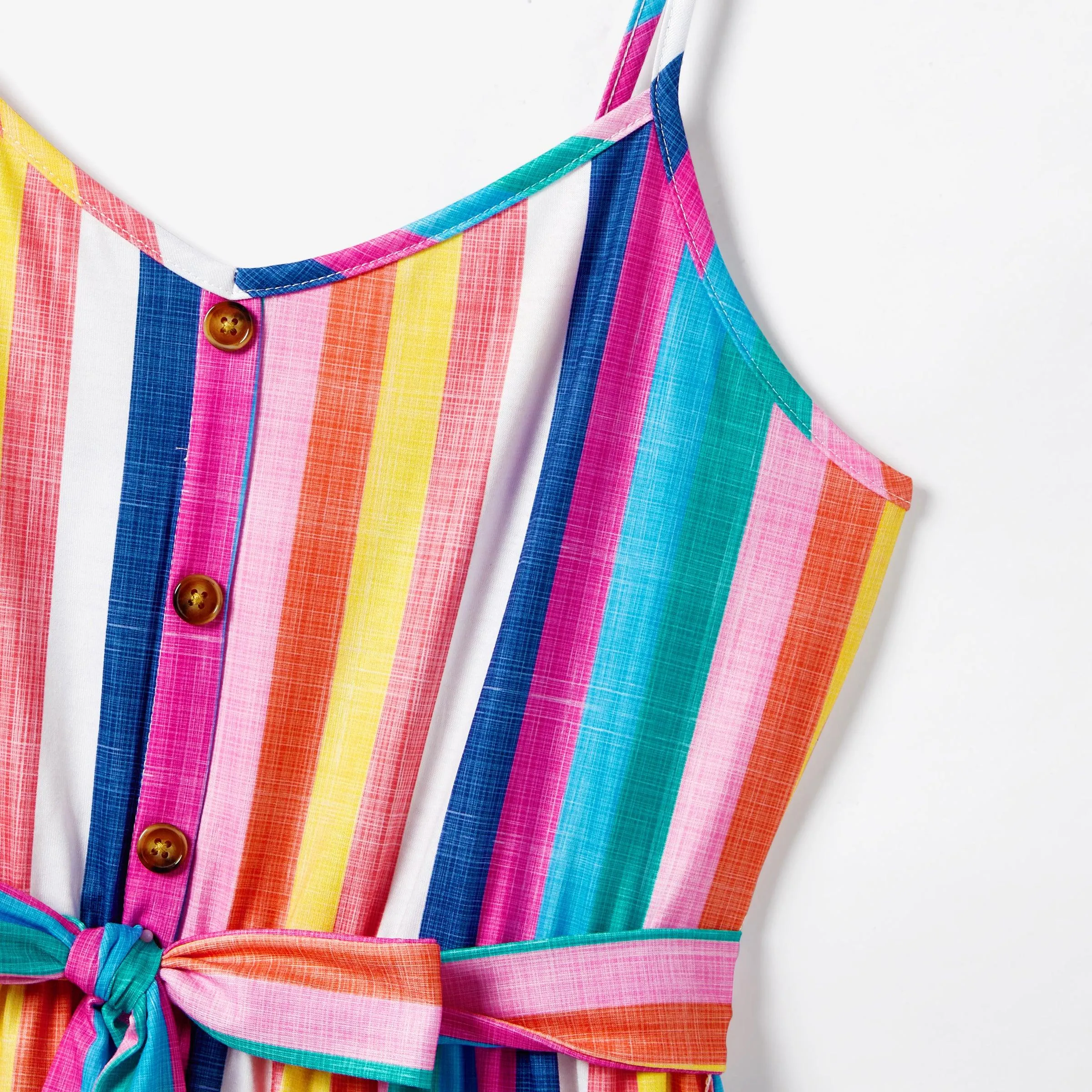 Family Matching Multi-Color Stripe T-shirt and Ruffle Hem Button Strap Dress Sets