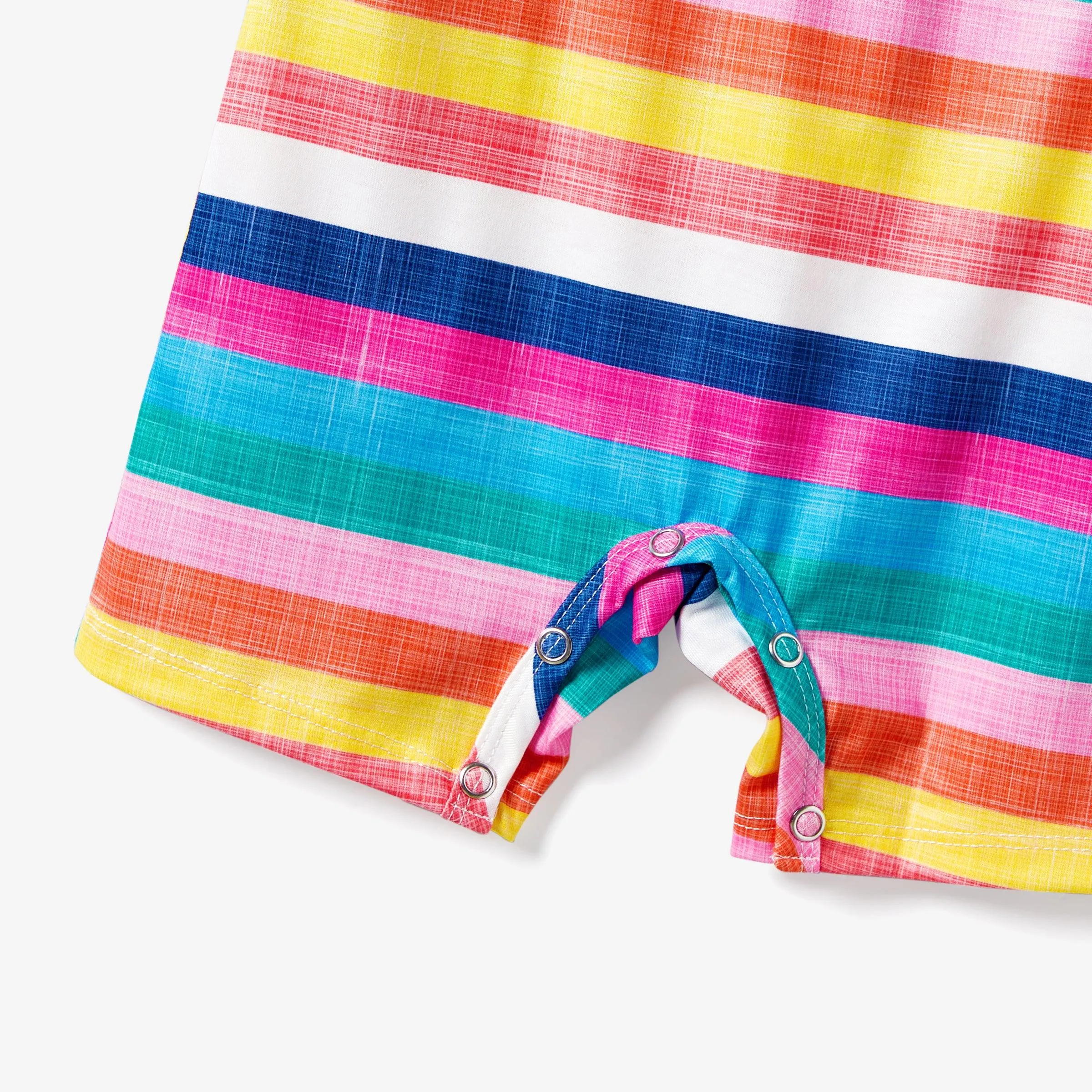 Family Matching Multi-Color Stripe T-shirt and Ruffle Hem Button Strap Dress Sets