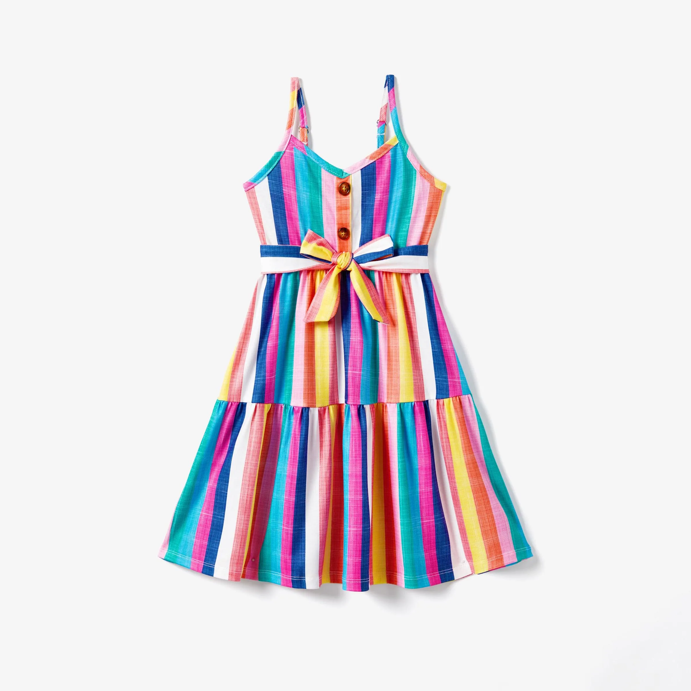 Family Matching Multi-Color Stripe T-shirt and Ruffle Hem Button Strap Dress Sets