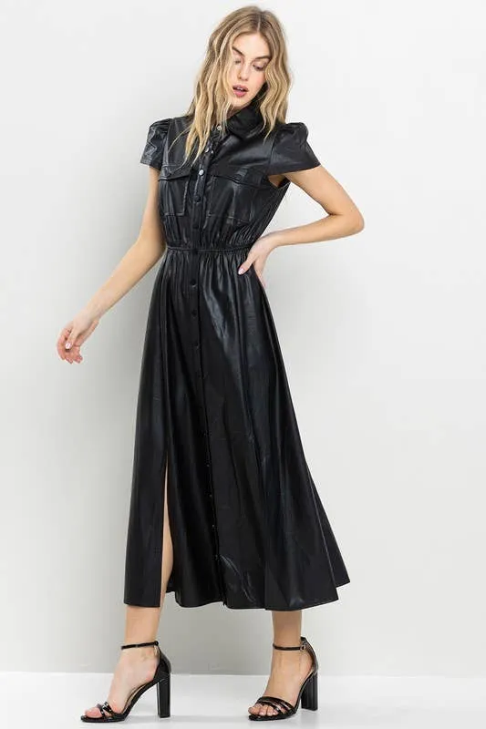 Faux Leather Black Midi Dress with Cinch Waist and Pockets