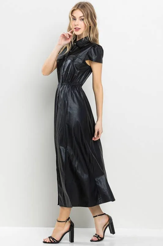 Faux Leather Black Midi Dress with Cinch Waist and Pockets