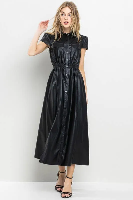 Faux Leather Black Midi Dress with Cinch Waist and Pockets