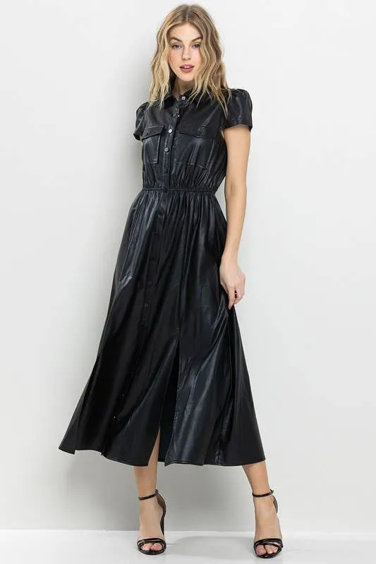 Faux Leather Black Midi Dress with Cinch Waist and Pockets