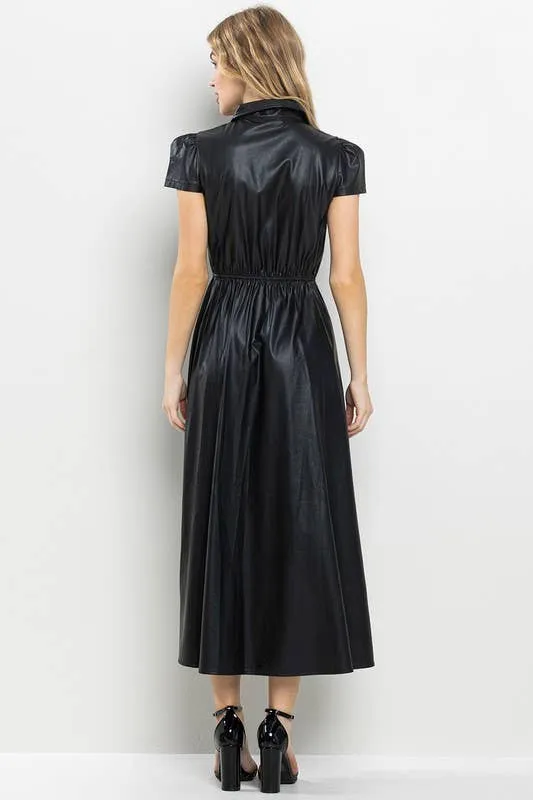 Faux Leather Black Midi Dress with Cinch Waist and Pockets