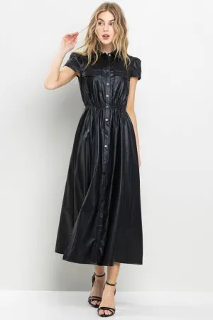 Faux Leather Black Midi Dress with Cinch Waist and Pockets