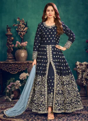 Floor Length Navy Blue Art Silk Embroidered Anarkali Suit
