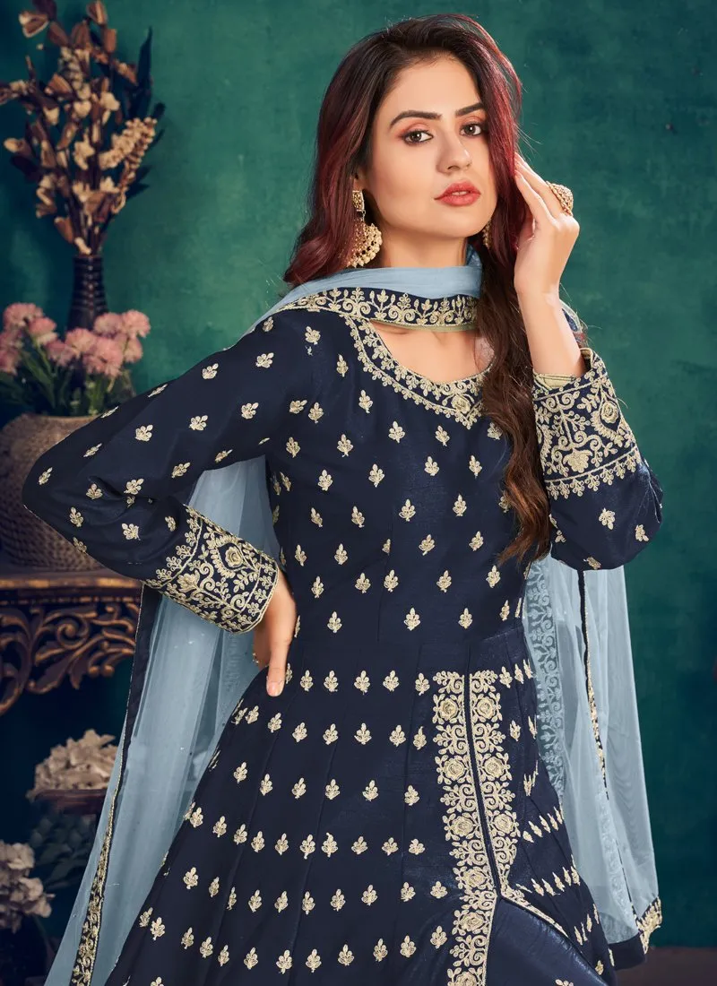 Floor Length Navy Blue Art Silk Embroidered Anarkali Suit