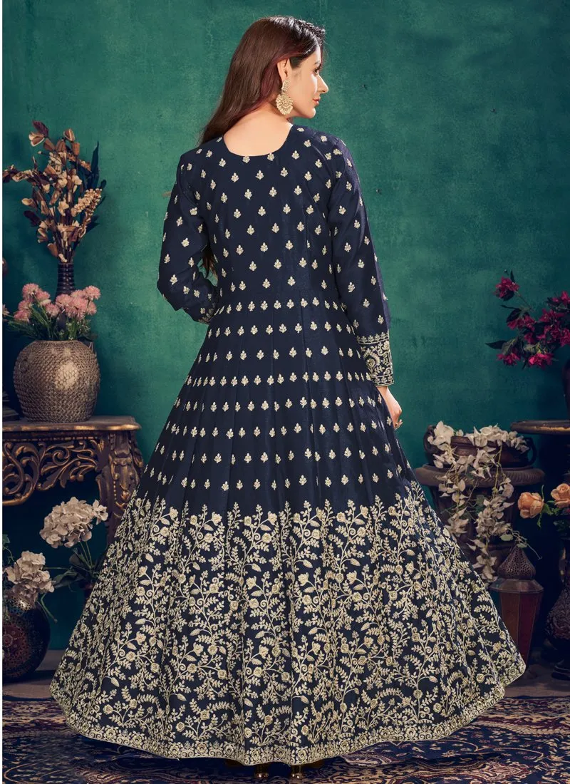 Floor Length Navy Blue Art Silk Embroidered Anarkali Suit