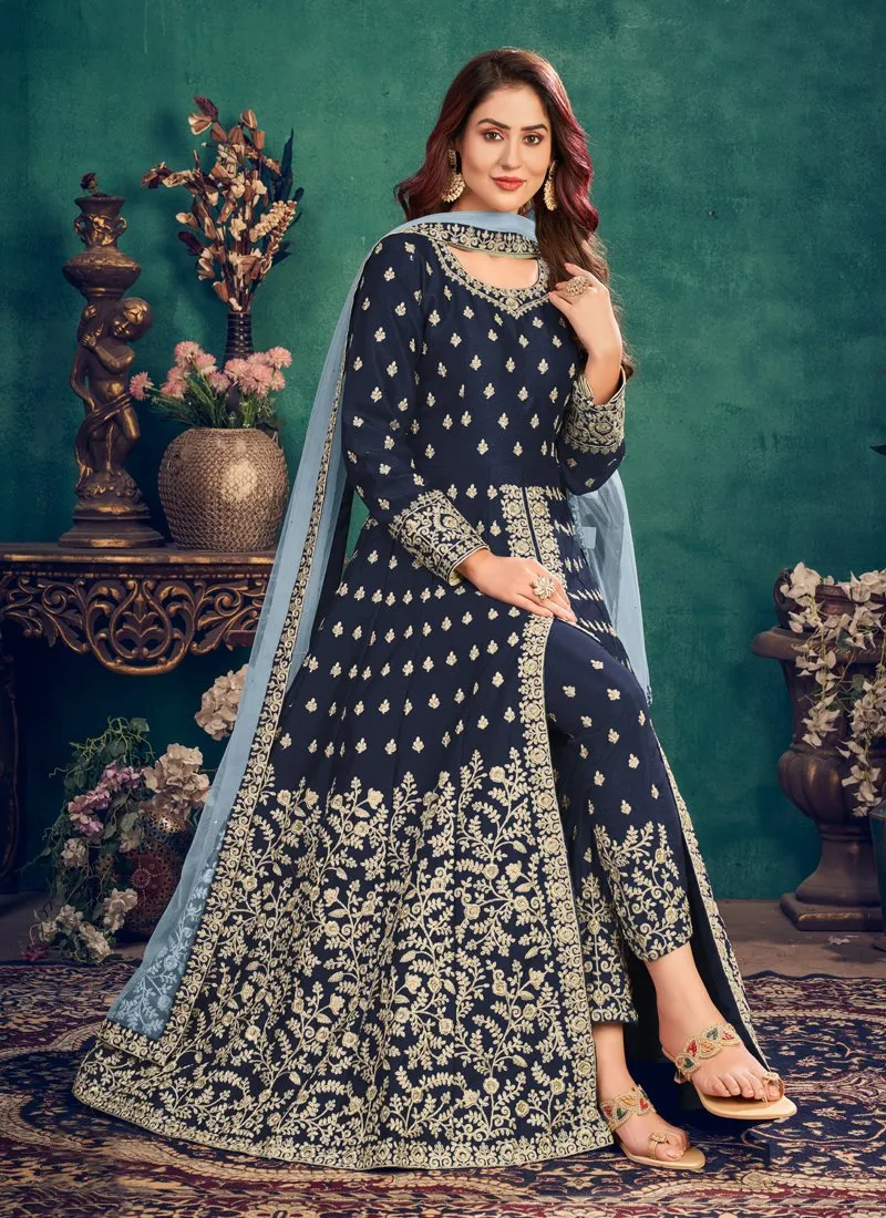 Floor Length Navy Blue Art Silk Embroidered Anarkali Suit